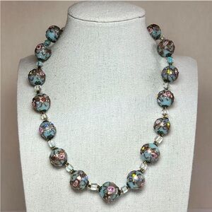 Antique Venetian Murano Light Blue Glass Wedding Cake And Crystal Bead Necklace